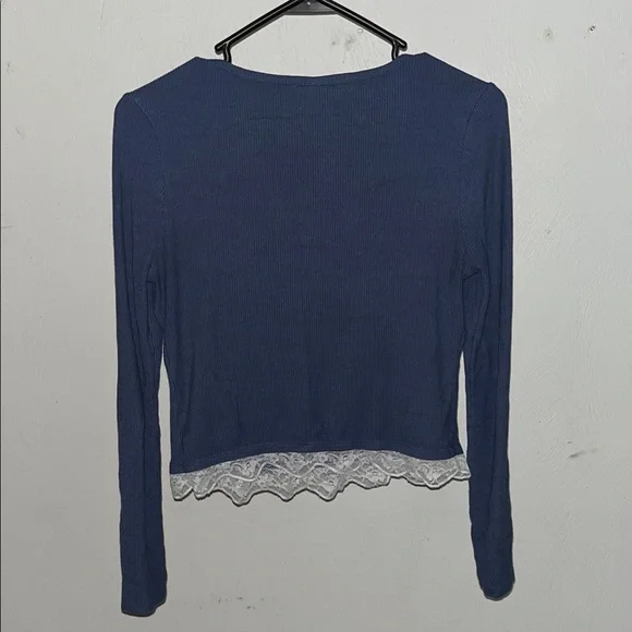 Self Esteem Blue Ribbed Long Sleeve Lace Trim Crop Top Size Small Y2K - Picture 3 of 3